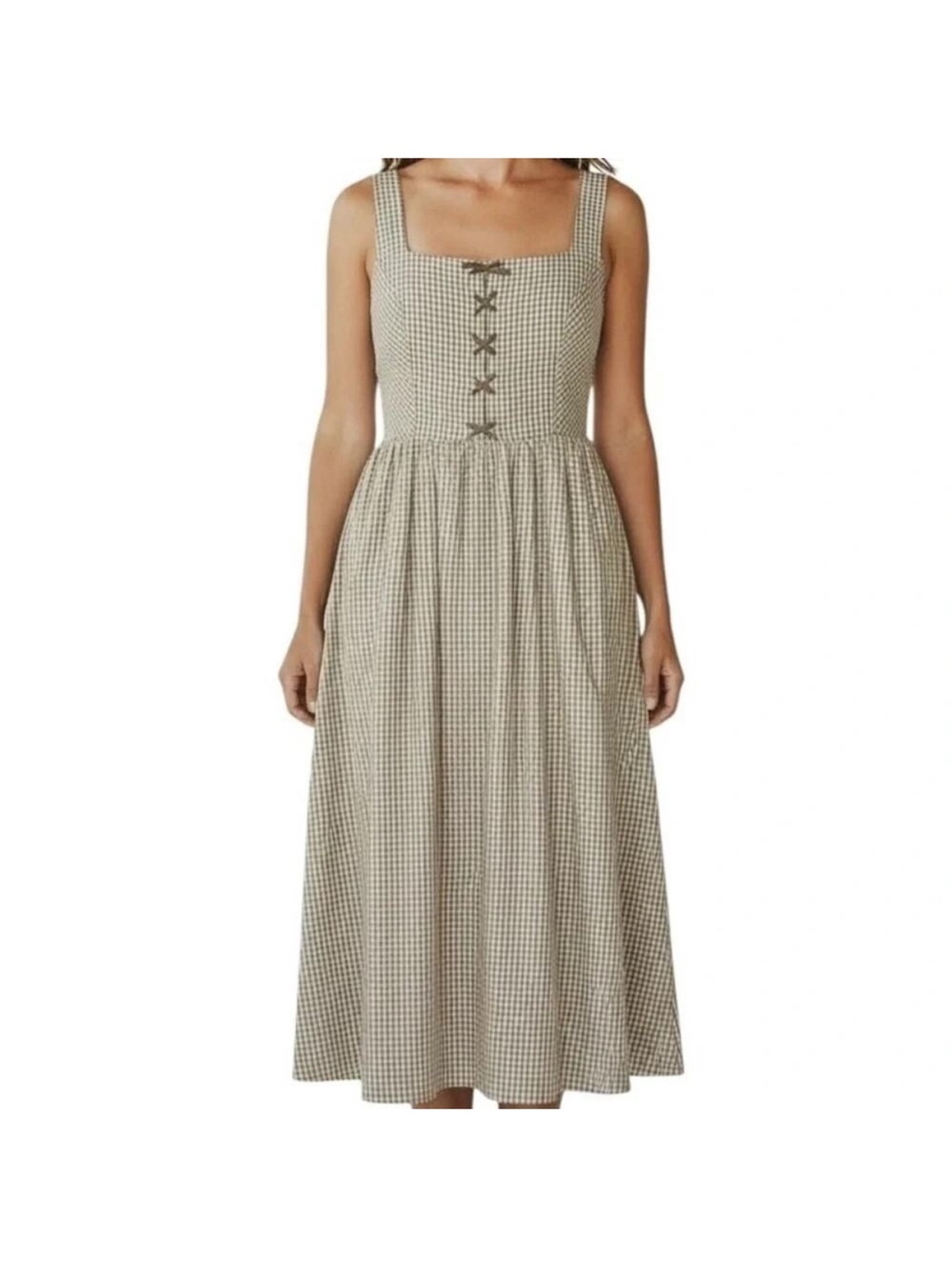 Caroline Constas Gingham Sleeveless Midi Dress in Beige - Picture 5 of 6